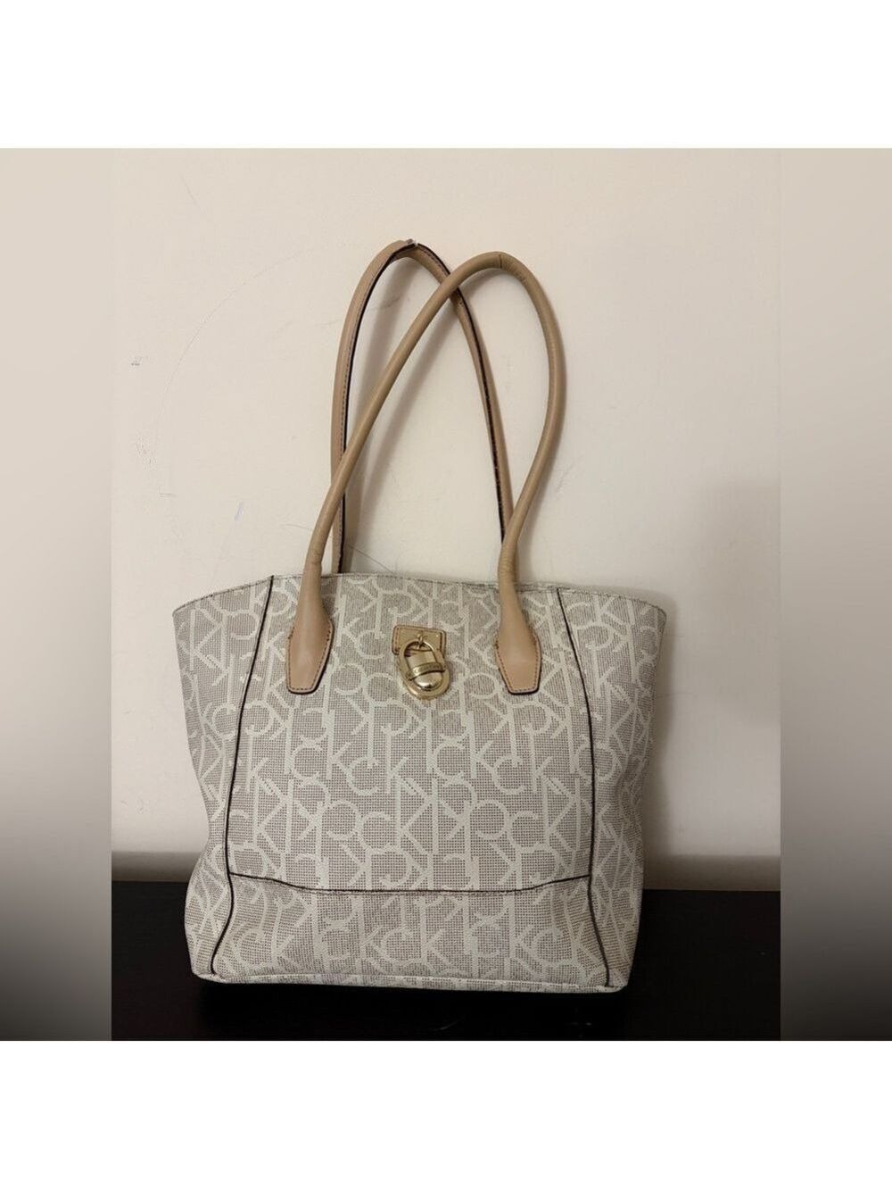 Calvin Klein Monogram Logo Tote Bag – Cream & Tan with Gold Padlock Detail